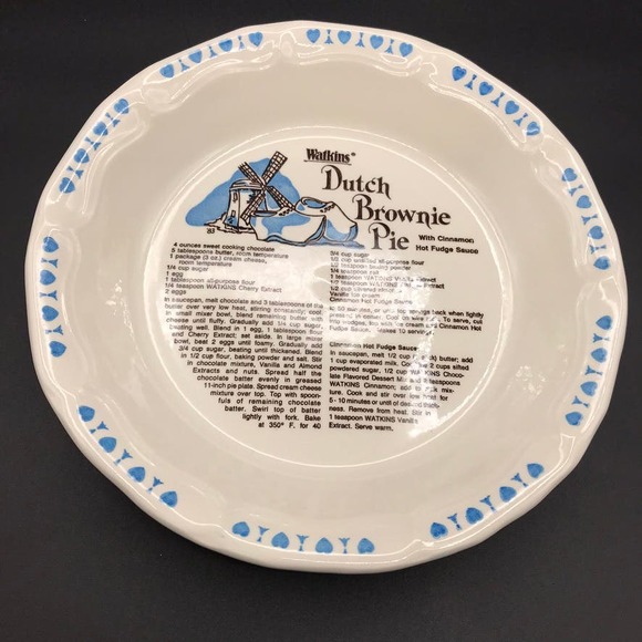 Vintage Watkins Pie Dish Bowl 1983 Dutch Brownie Pie Recipe #6482 Made in USA - Picture 1 of 8
